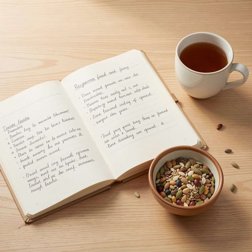Natural light studio photograph of an open recipe notebook with handwritten food notes beside a small bowl of mixed seeds and a cup of herbal tea on a light oak desk