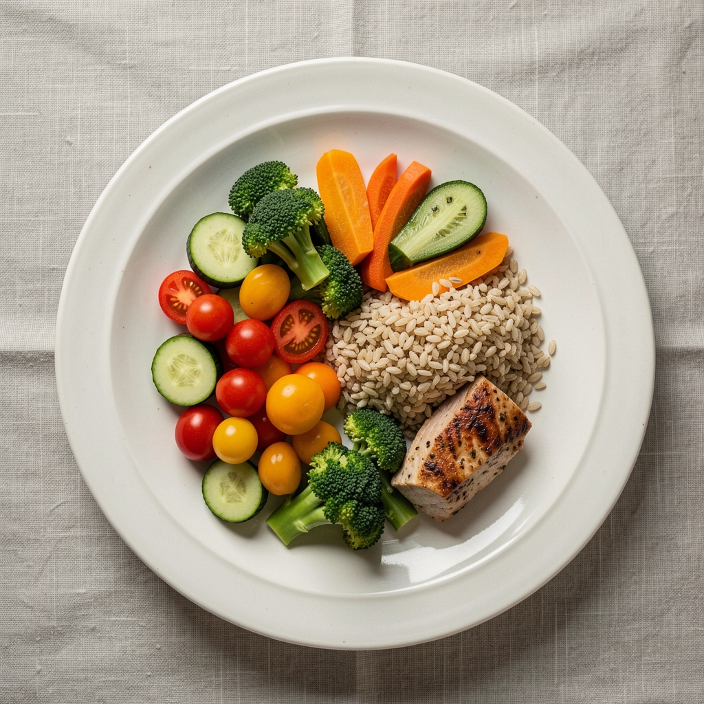 Overhead flat-lay of a balanced meal plate with colourful seasonal vegetables, whole grains and a small portion of protein on a linen tablecloth