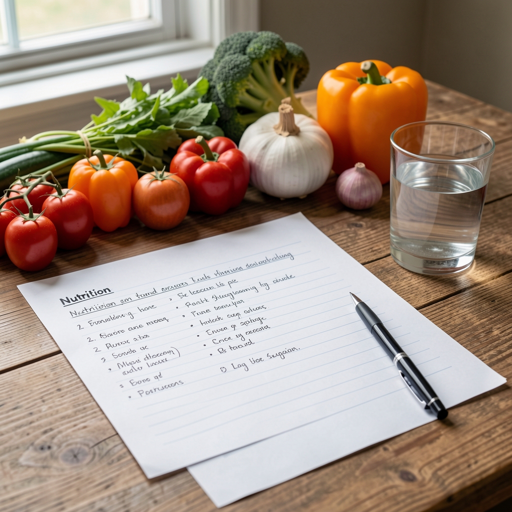 Handwritten nutrition planning notes spread across a wooden desk next to seasonal vegetables and a glass of water, natural window light