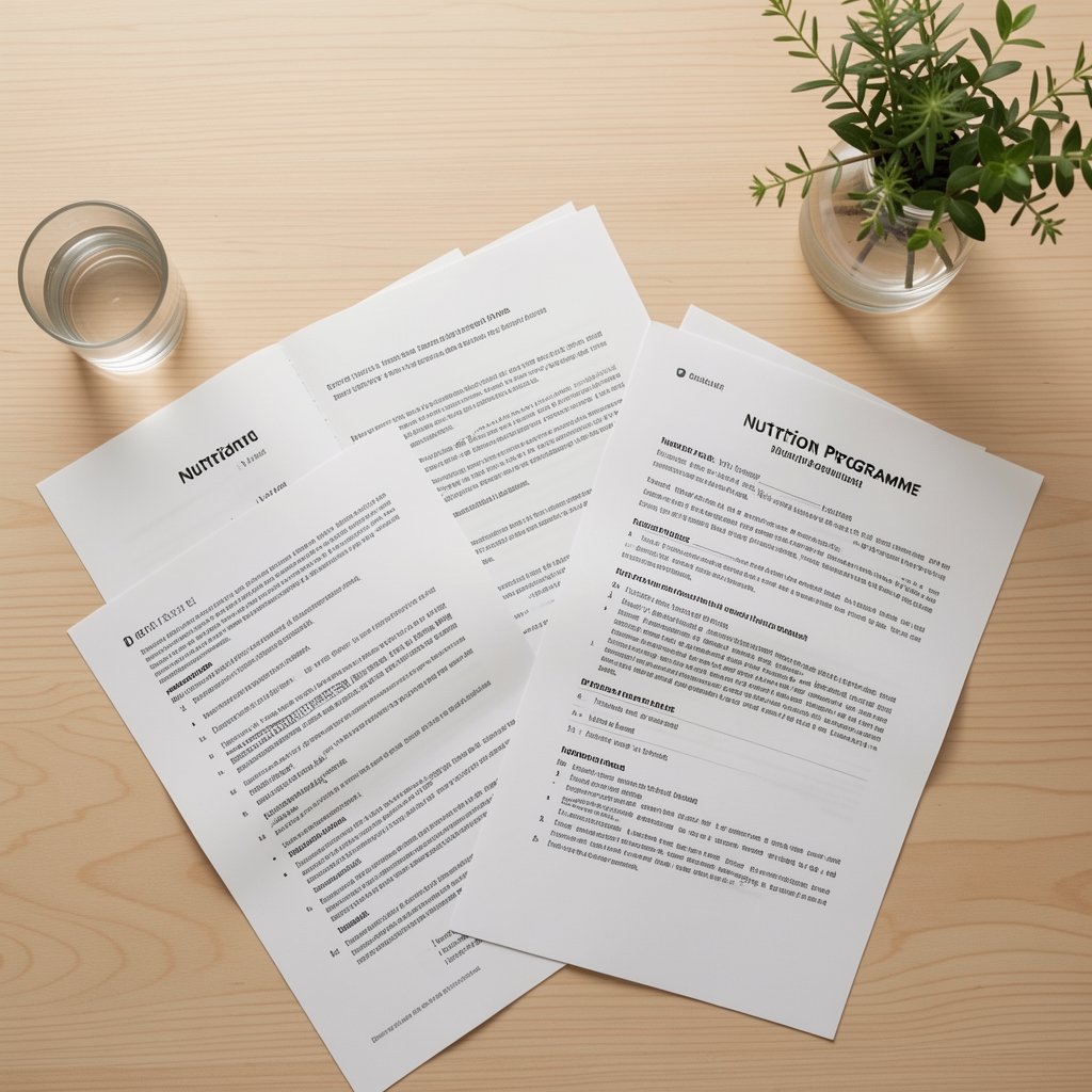 Top-down photograph of open nutrition programme documents spread across a light wooden desk with a glass of water, fresh herbs in a small vase and natural daylight